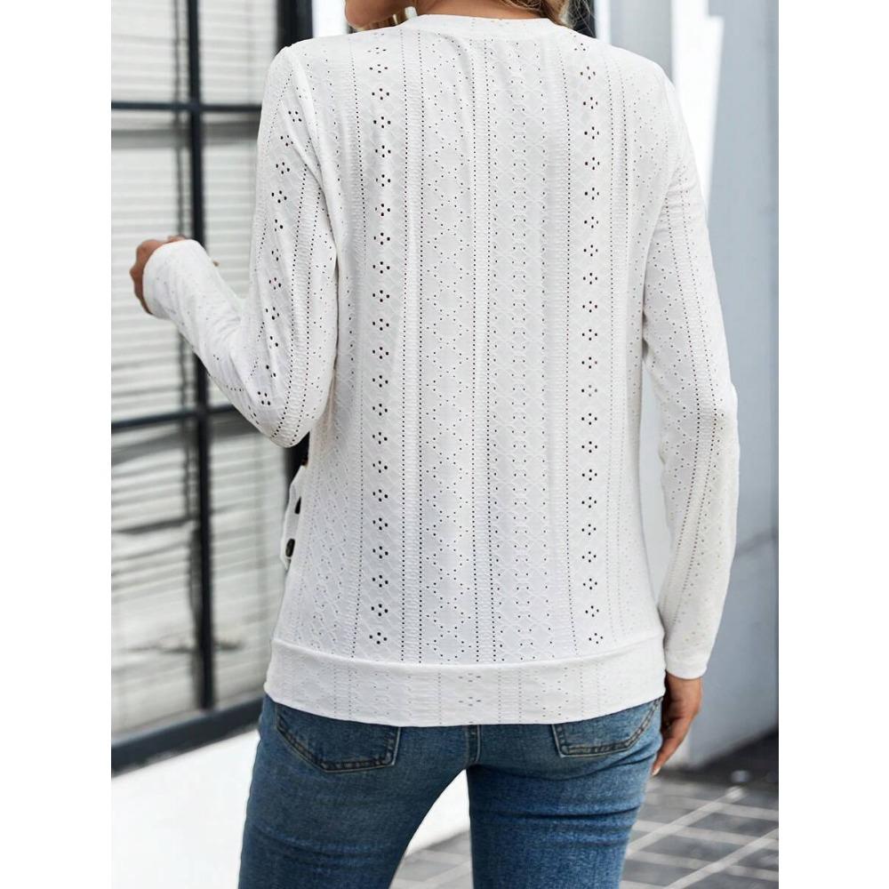 Tricou cu mânecă lungă și gât rotund, cu nasturi decorativi, la modă și versatil, casual pentru navetă.