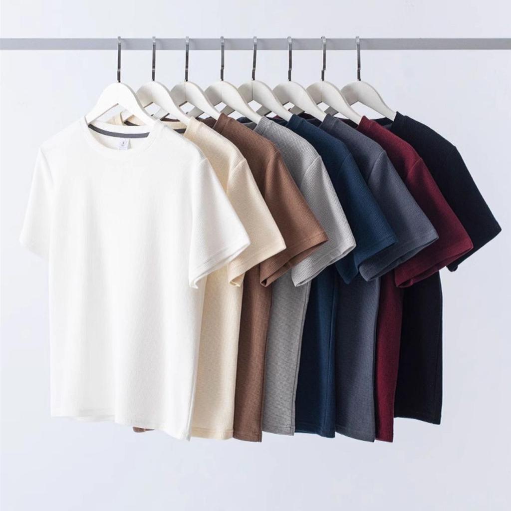 T-shirt da uomo a maniche corte con trama a nido d'ape e girocollo - Top estivo casual trendy e cool