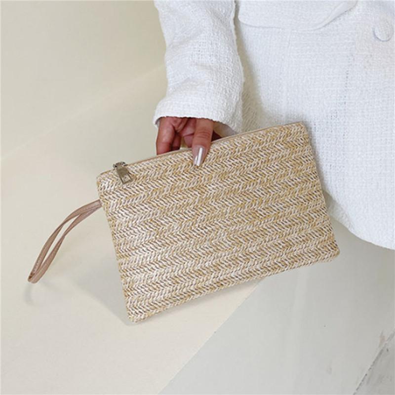 Fashion Straw Weaving Clutch Bag Solid Woven Coin Purse Beach Wallet for Women Daily Use with Phone And Money Slots Card Holder