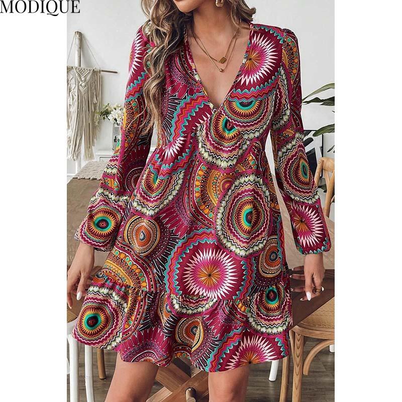 MODIQUE 2025 Sommer Neue frauen Sexy Geometrische Drucken Laterne Hülse Volant Kurze Kleid Damen Casual A-linie Heißer V-ausschnitt Kleid