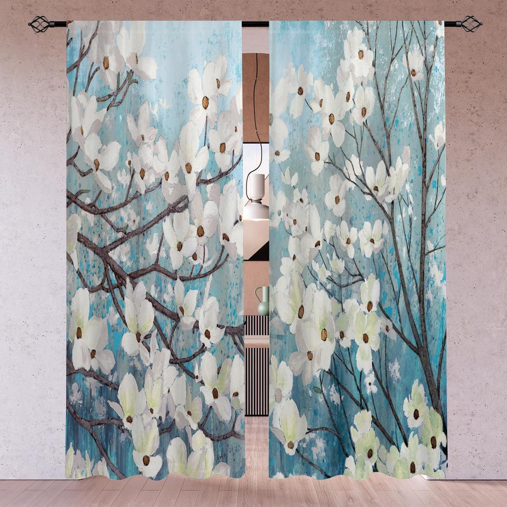 2pc Chinese Ink Painting Red Flower Printed Curtain For Bedroom Office Kitchen Living Room Rod Pocket Window Treatment For Home