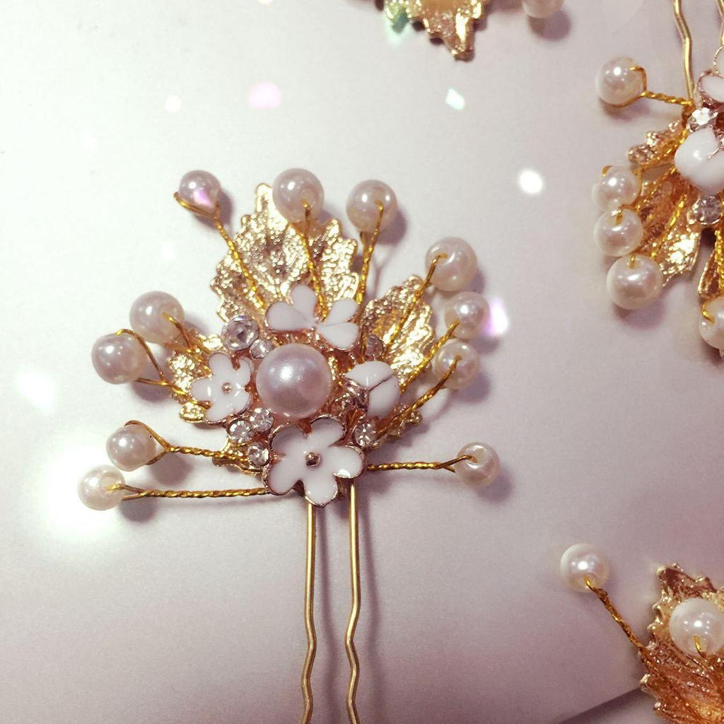 Korean Gold Leaf Pearl Bridal Hairpin Headdress
