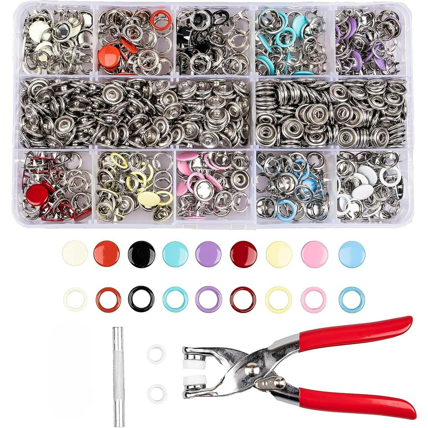 200 Set Snap Button Kit - 9.5mm 10 Colors Snaps for Fabric - Fastener Pliers & Snap Fastener Tool - 100 Hollow & 100 Solid - Suitable for DIY Q