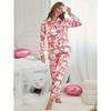Chic Cat Print Women's Pajama Set - Long Sleeve, Button-Up Top & Pants Loungewear with Collar, Cozy Polyester Blend, Machine Was