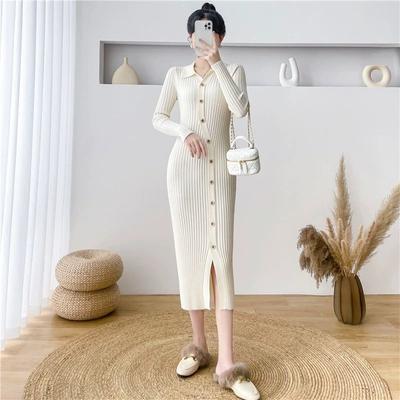 Dress Cardigan Female Autumn Korean Knitted Dress Women Mid Length Versatile Long Sleeve Underlay V-Neck Wool Dress Female Tops