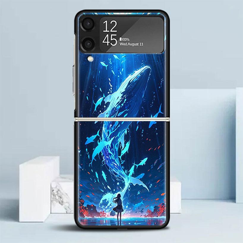 Humpback Whale Sea Giant Black Cover for Samsung Galaxy Z Flip 7 6 5 4 3 5G Phone Case Flip7 Flip6 Flip5 Flip4 Flip3 Pattern Cas