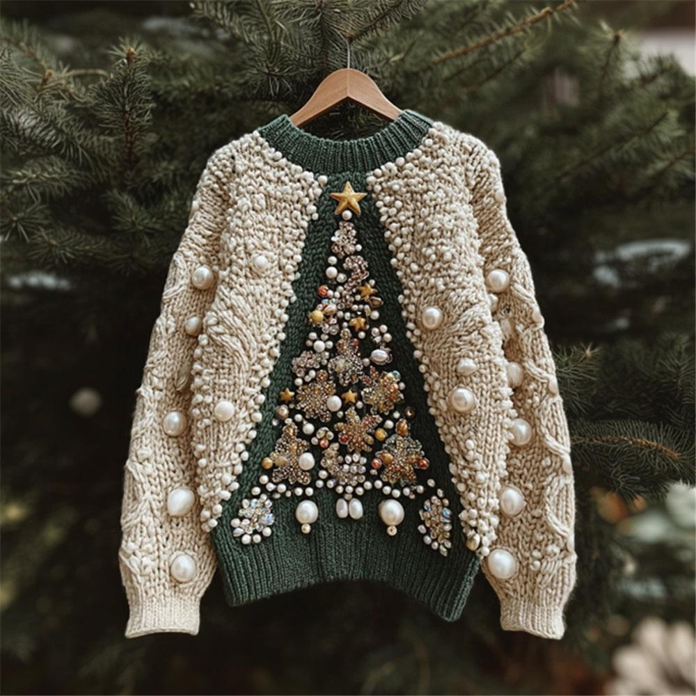 Maglione da donna a girocollo largo con stampa natalizia, maglione casual alla moda