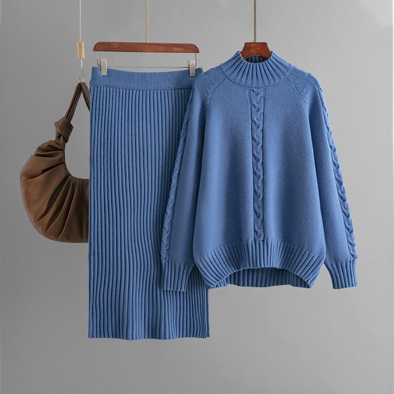 New Winter Sweater Women's Loose Knitted Semi-turtleneck Long-sleeved Threaded Fashion Skirt Suit Women