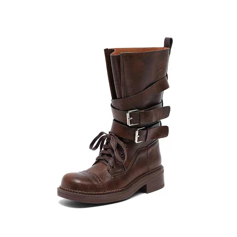 

Fashion Chunky Heel Single Boots Women s Fashion Round Toe Lace-Up Front Platform Anti-Slip Wear-Resistant Mid-Tube Boots 35 коричневый