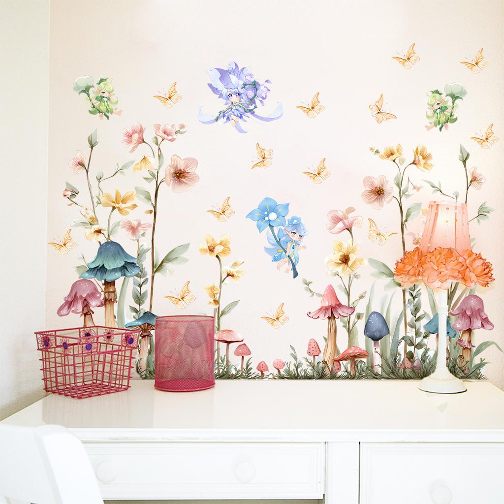 Creative Watercolor Floral Butterfly Fairy Wall Sticker for Living Room and Bedroom Background Decoration