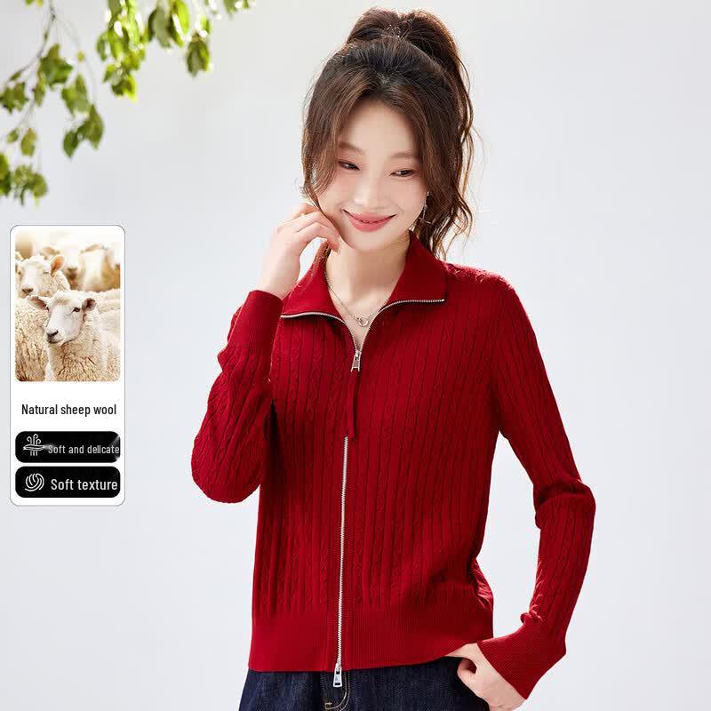 SNOWFLYING Women s 100% Merino Wool Double Zipper Cable Knit Cardigan L