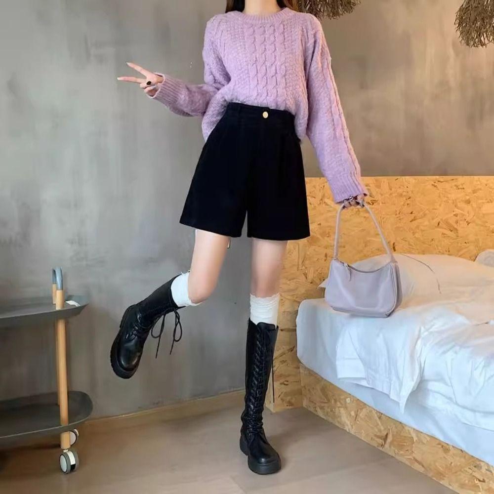 Stripe Women Corduroy Shorts High Waist Loose Streetwear Casual Wide Leg Short Pants  Ladies