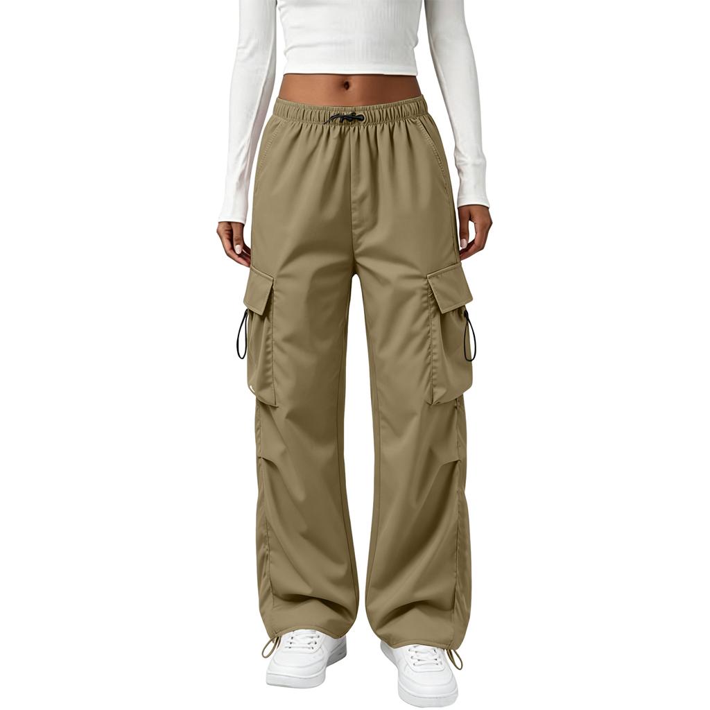 Women’s Retro Straight Leg Cargo Pants with Drawstring Cuffs Loose Fit Elastic Waistband Utility Trousers for Daily Wear