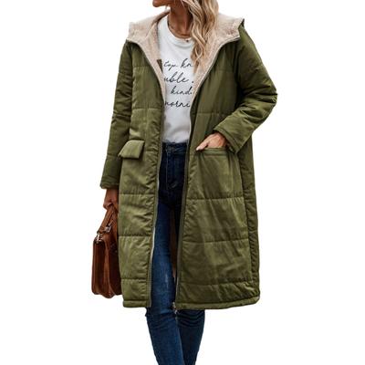 Women Winter Splicing Long Coat Hooded Long Sleeve Fleece Lining Outwear Zipper Placket Pockets Double Sided Wear Long Down Jacket S