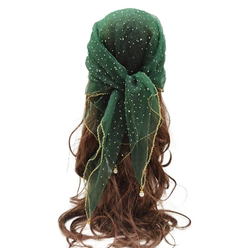Versatile Pearl Tassel Rhinestone Square Scarf Lace Trim Hair Wrap Full Sky Star Headwrap Solid Color Breathable Fabric Scarf