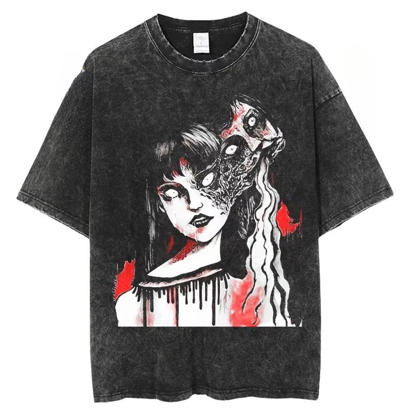 Horror Manga Tomie Koszulka Graficzna Vintage Sprana Luźna Koszulka Letnie Bawełniane Koszulki z Krótkim Rękawem Topy Odzież Męska Damska