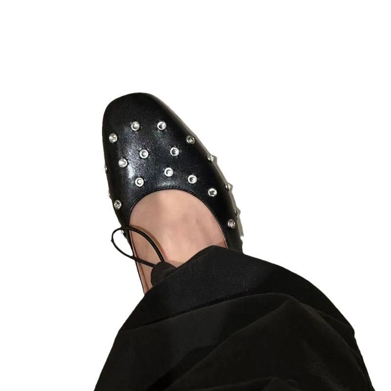 Rhinestone Mary Jane single shoes women's spring and summer fashion flat-bottomed rivet single shoes Nyonya shoes