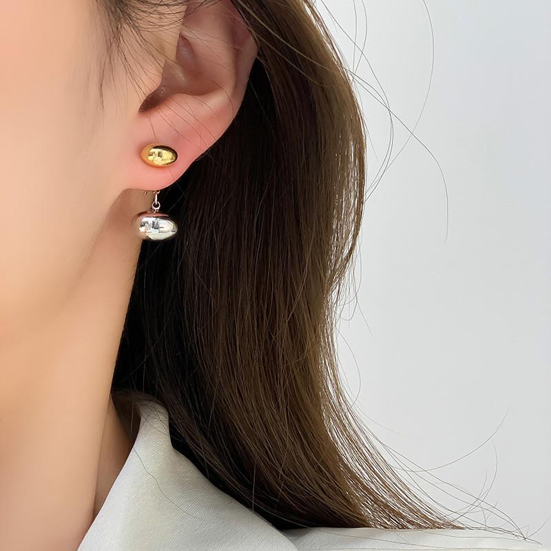French Geometric Oval Metal Contrast Stud Earrings Personality Earring One Style Two Wear for Women Girls Jewelry Party Holiday