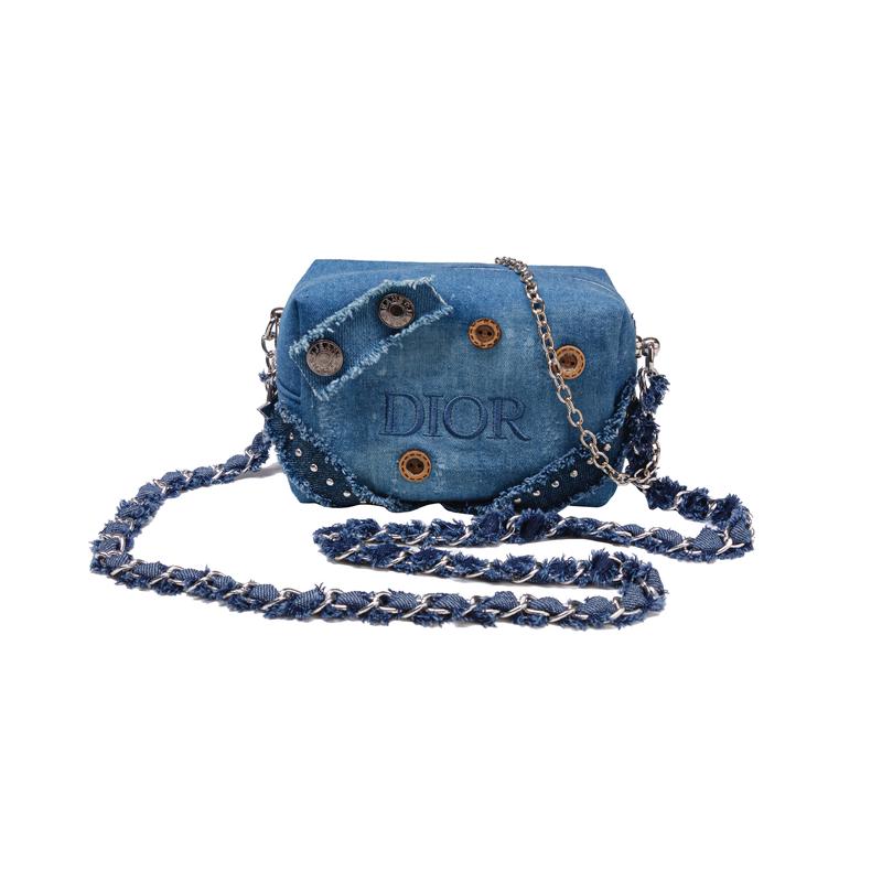 DIOR DIY Style Cosmetic Bag Beloved miu style washed style daily commuting handbag shoulder denim trend collage retro distressed same style синий