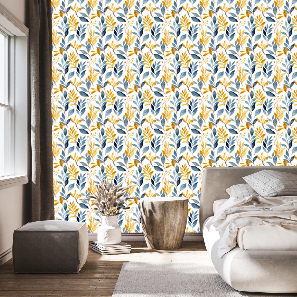 Wallpaper Flowers White, Cream and Blue for Living Room and Bedroom 50x1000