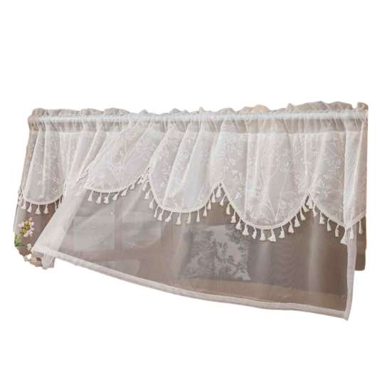 Polyester Tulle Window Valance Jacquard Lace Curtain, 39 Inch Vintage Embroidered Floral Valance, Semi Light Filtering Small Panel Sheer Swag with Rod