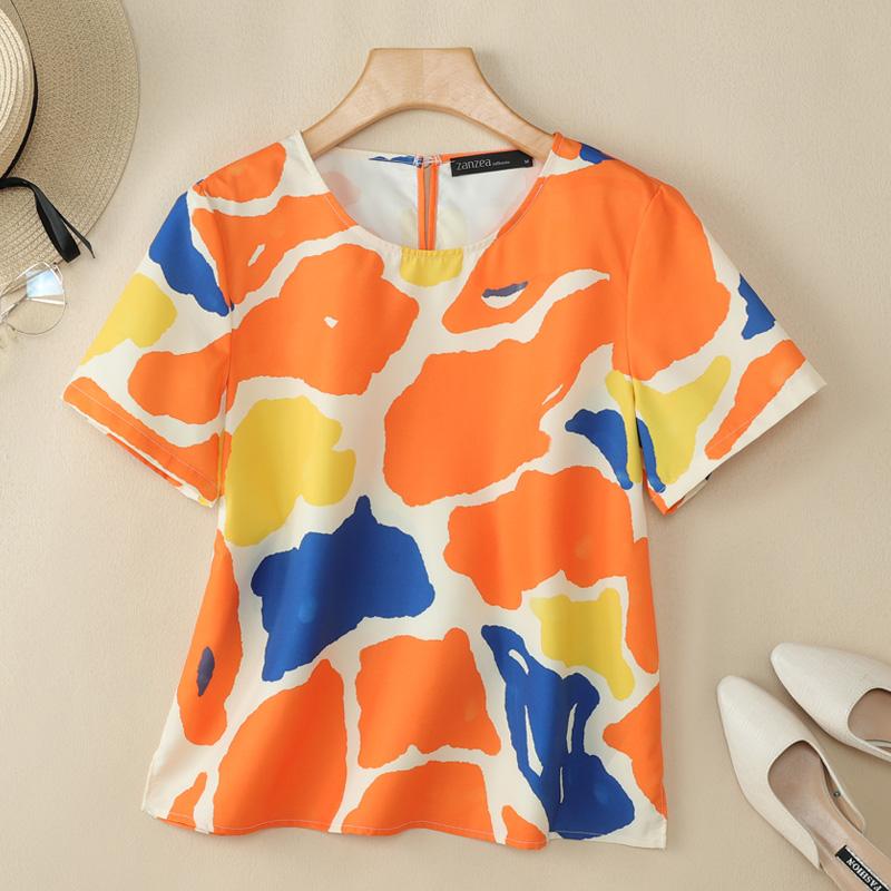 ZANZEA Women Casual Round Neck Summer Short Sleeve Print Blouse