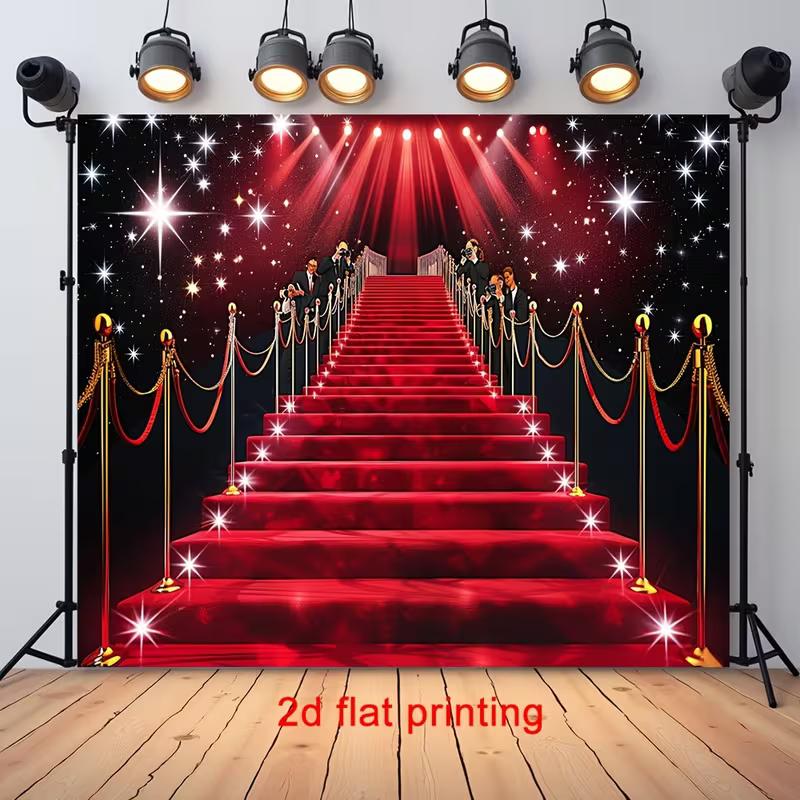 2D Glitter Red Carpet Stair Wall Tapestry, Celebrity Event Spotlight Backdrop for Parties
