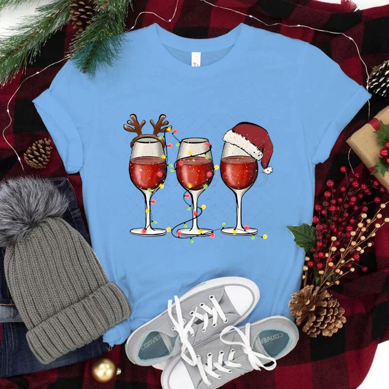 Women Wine Glass Christmas Hats T Shirt Lights Xmas Gifts Cartoon Top Happy New Year Tshirt Harajuku Fashion Womens Clothing