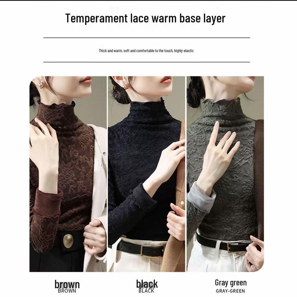 Women's High-Neck Lace Jacquard Base Layer Top - Fleece or Thin-Lined for Autumn & Winter Warmth.