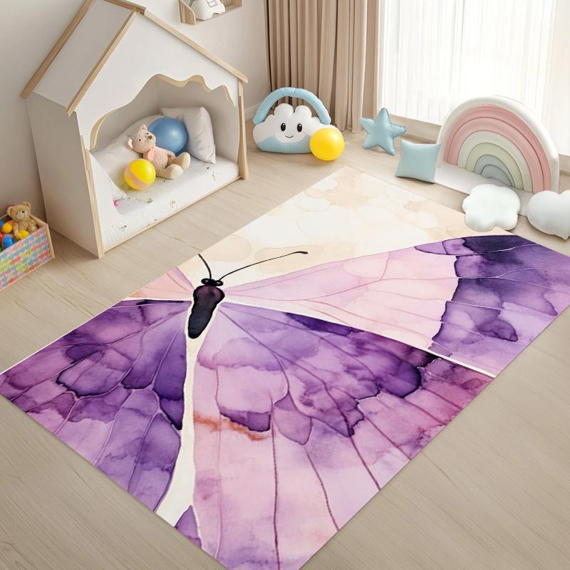 Dreamy Butterfly Kids Area Rug, Pink Blue Floral Non-Slip Floor Mat, Nursery Playroom Decor Carpet Bedroom Decor Rug Area Rug