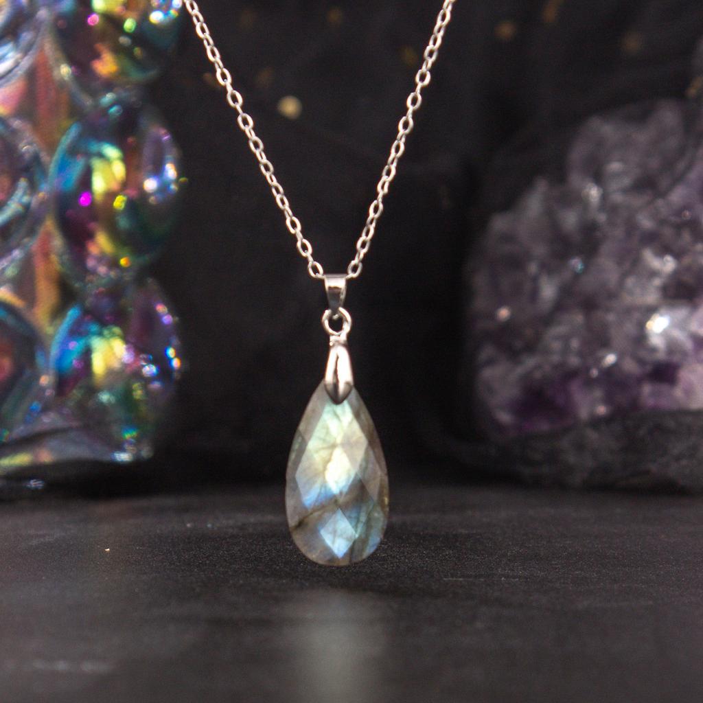 Natural Crystal Pendant, Blue Gold, Amethyst, Cut Surface, Long Water Droplet Necklace, jewelry,Christmas Gift, Valentine's Day Gift, Birthday Gift