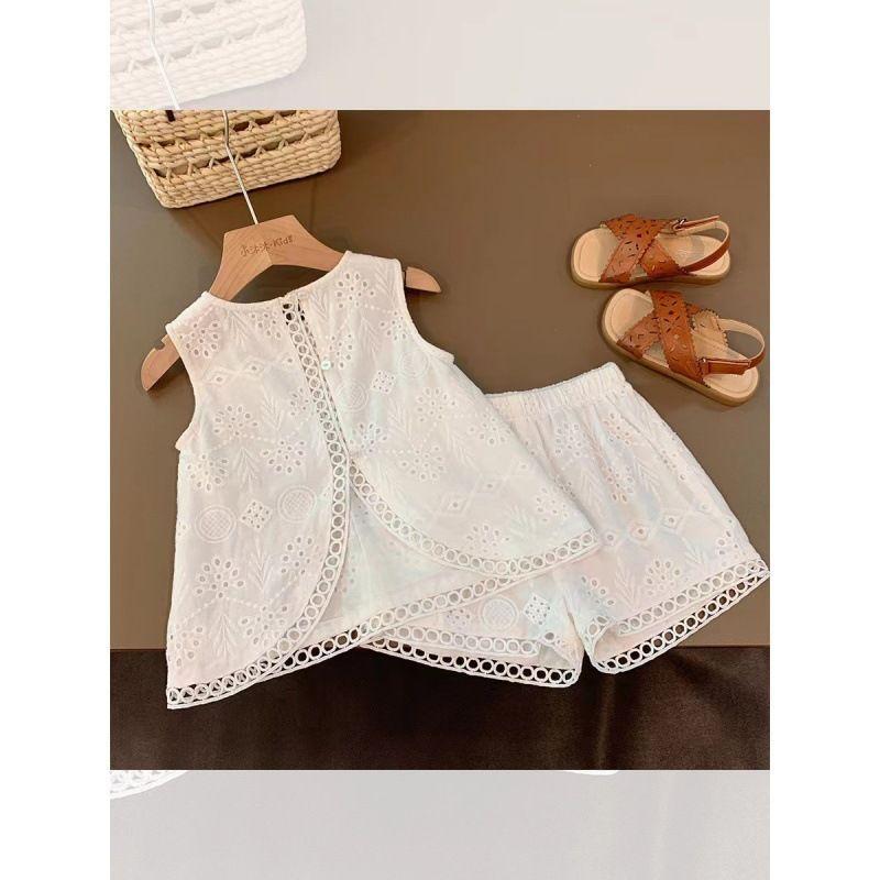 Girls Summer Cotton Lace Hollow Out Vest And Shorts Set Fashionable Childrens Two Piece Outfit For Warm Weather