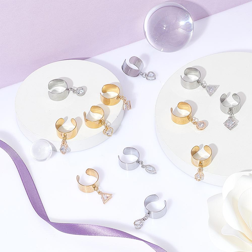 12Pcs 2 Color 304 Stainless Steel Open Cuff Finger Ring with Alloy Cubic Zirconia Charms Golden & Stainless Steel Color Inner Diameter: 17~18mm
