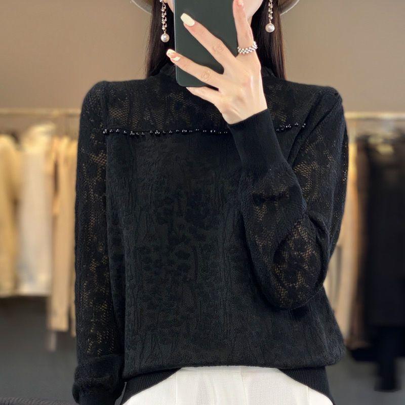 Lace Sweater Women's Long-sleeved Cut-out Knitted Sweater with Korean-style Fashionable Beaded Pullover