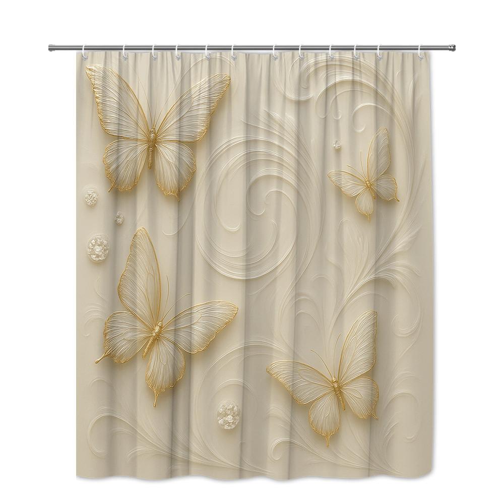 Goldener Schmetterling Duschvorhang Elegante Creme-Farbe Mit 3D-Muster Wasserdicht Einfach zu Installieren Verschönern Sie Ihren Raum