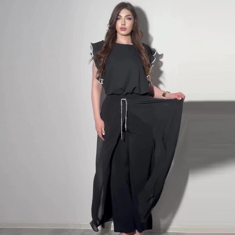 

Летний женский комплект: топ с круглым вырезом и рукавами-рюшами и юбка, повседневный модный XL чёрный