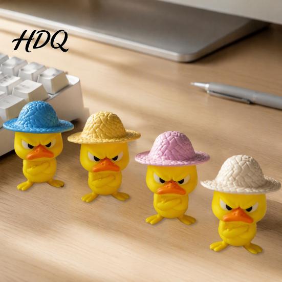 Collectible Figurine for Desk Enthusiasts 4Pcs 3D Printed Angry Duck Figurines Mini Grumpy with Straw Hat Unique Decor Coworkers Cute Cross-Arms