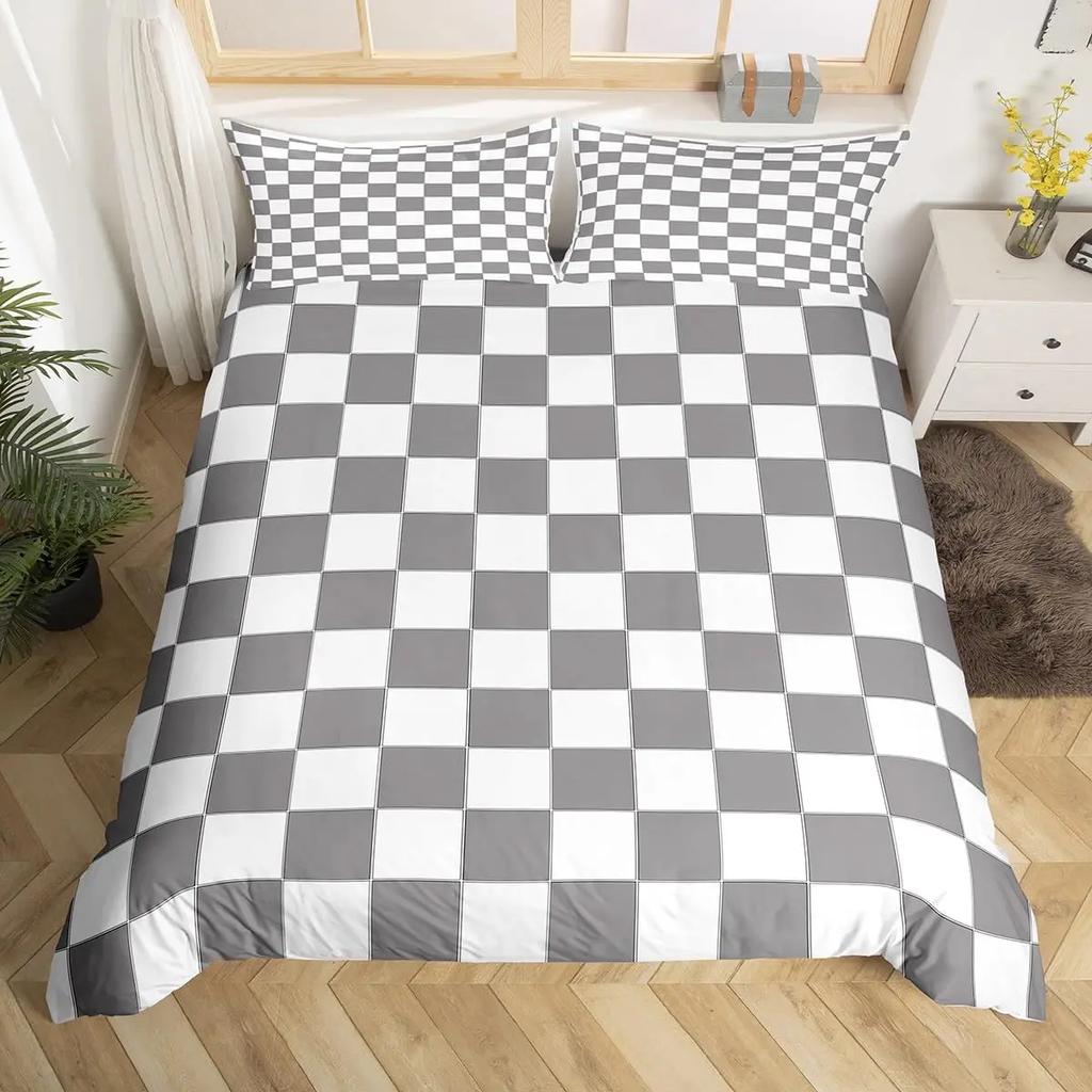 Plaid Grid Duvet Cover Set Queen King Checkerboard Bedding Set For Kids Adults Modern Room Decor 3 Piece Set With 2 Pillowcases