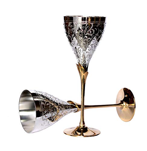 StonKraft Graviertes Versilbertes Reines Messing Premium Kelch Champagnerflöte Coupe Weinglas Set