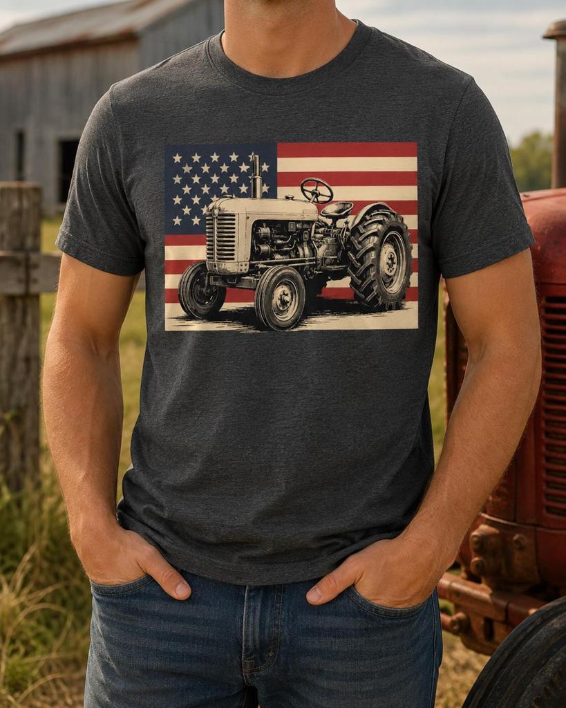 American Flag Tractor Shirt, Vintage Farm Equipment Tee, Patriotic Farmer Gift, USA Agriculture Country Ranch Outfit Graphic Apparel Wear