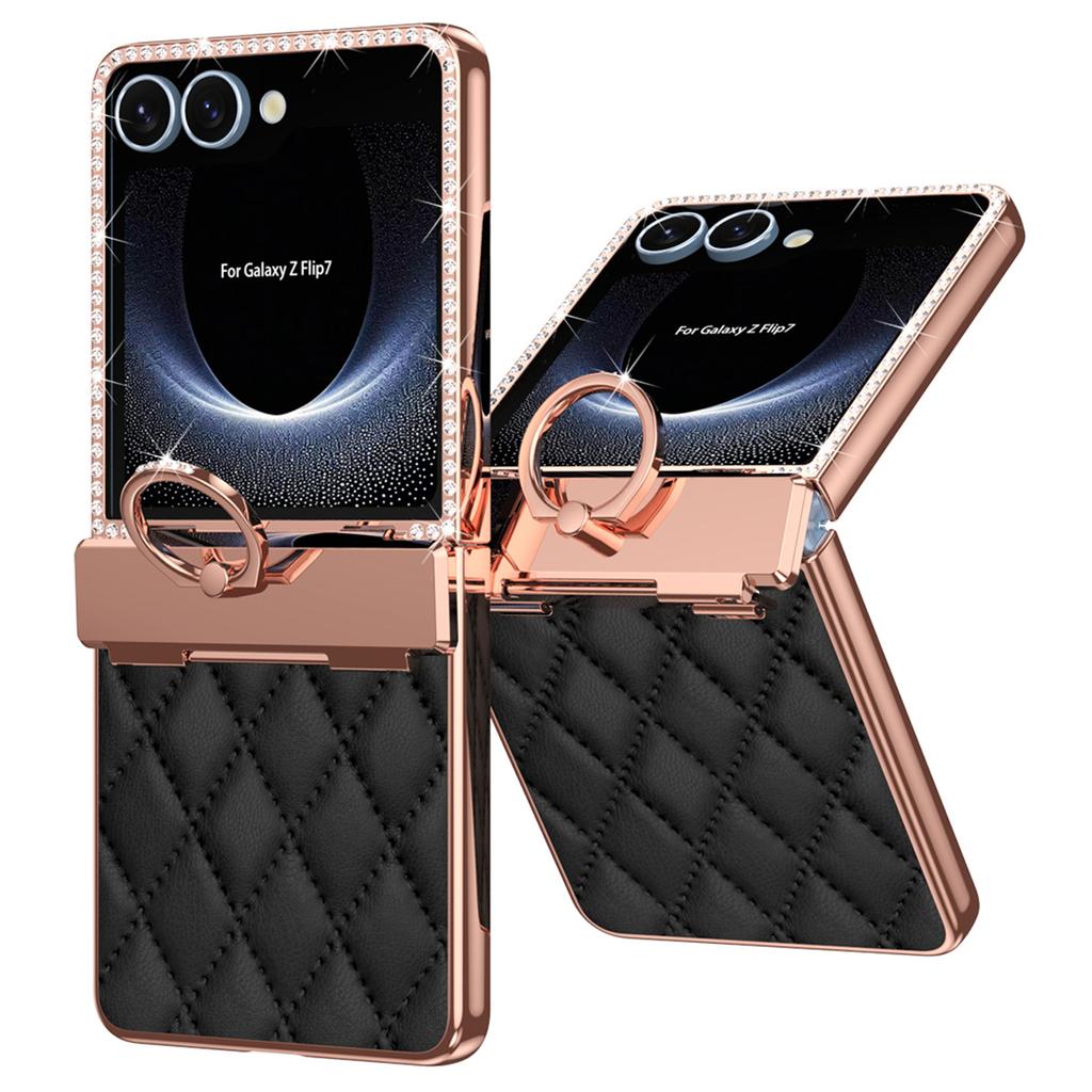 For Samsung Galaxy Z Flip7 5G Case Rhinestone Decoration Ring Holder Rhombus Leather + PC Phone Cover