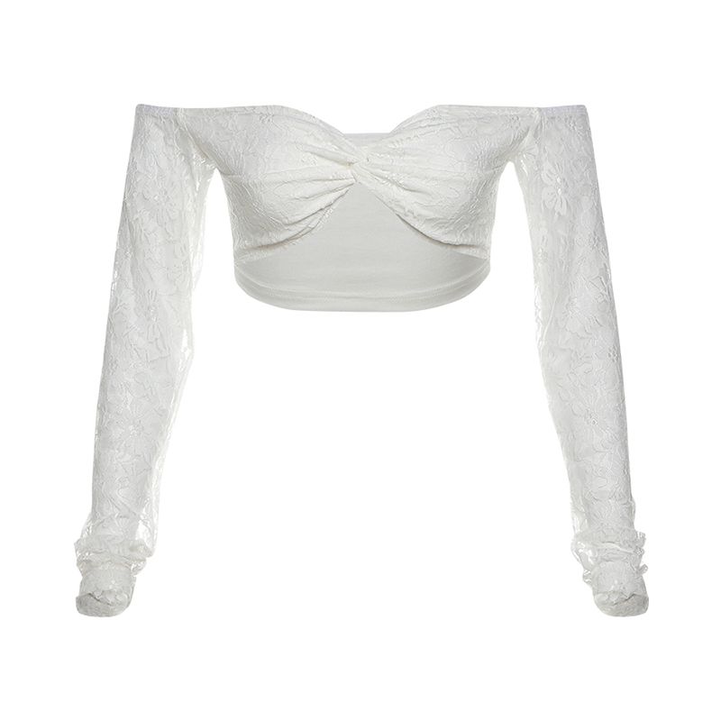

# Sisjuly# Niche Style Sexy off-Shoulder Lace Patchwork Easy Matching T-shirt Female Knot Ruched Small V Neck Tops White L