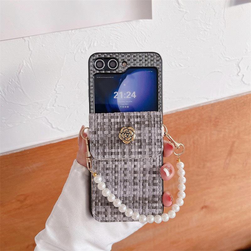 Blumen-Brieftasche Handyhülle für Huawei Pocket2 Faltbildschirm Flip für Samsung Zflip5 Perlen-Handkette
