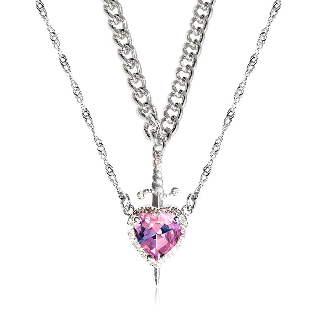 European and American new models, red crystal love dagger pendant layered necklace French design female collarbone chain