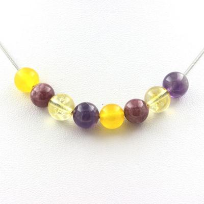 Steine ​​und Mineralien. Halskette gelbe Achatperlen + Lepidolith + Citrin + Amethyst 8 mm Kette aus Edelstahl.
