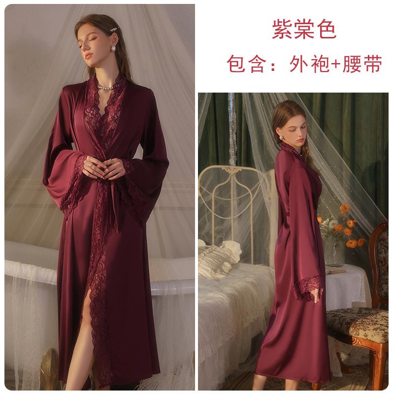 

Underwear Sexy Perspective Lace Hot Split Ice Silk Nightgown Deep V Temptation Lace-Up Robe Set XL