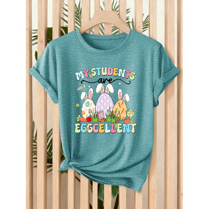 [Follow a Specific Direction] Teacher's Exclusive Easter Lady T Shirt My Students Eggcellent Printing Spring and Summer Easter Celebration and Daily