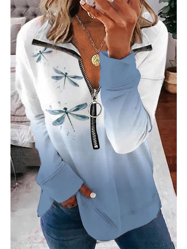 Sudadera informal de manga larga con cuello alto y cremallera, estilo holgado, con estampado digital, para mujer, de estilo moderno y ajuste cómodo para uso diario e informal.