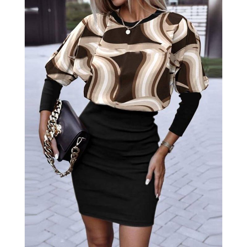 Autumn New Women's Printed Waist Round Neck Long-sleeved Dress Women