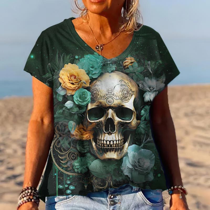 Женская летняя новая футболка с 3D принтом черепа и v-образным вырезом футболка с короткими рукавами повседневная забавная футболка ужасов в стиле Харадзюку универсальная одежда Y2K XS-6XL XS 1160₽